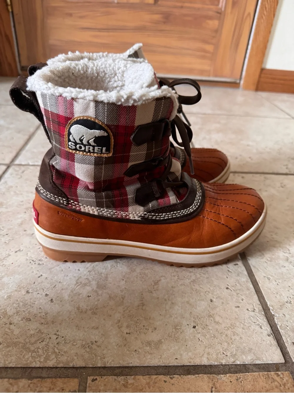Sorel Brown Leather & Red Plaid Kids Winter Boots